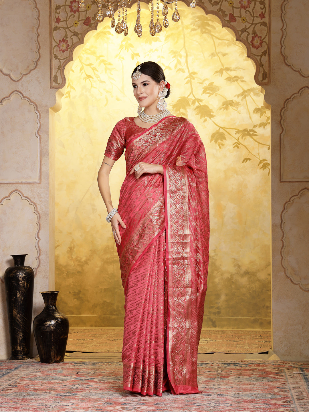 Pink Geometric Print Woven Zari Border Organza Saree (Pre-Order)