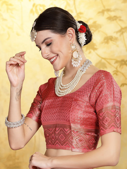 Pink Geometric Print Woven Zari Border Organza Saree (Pre-Order)