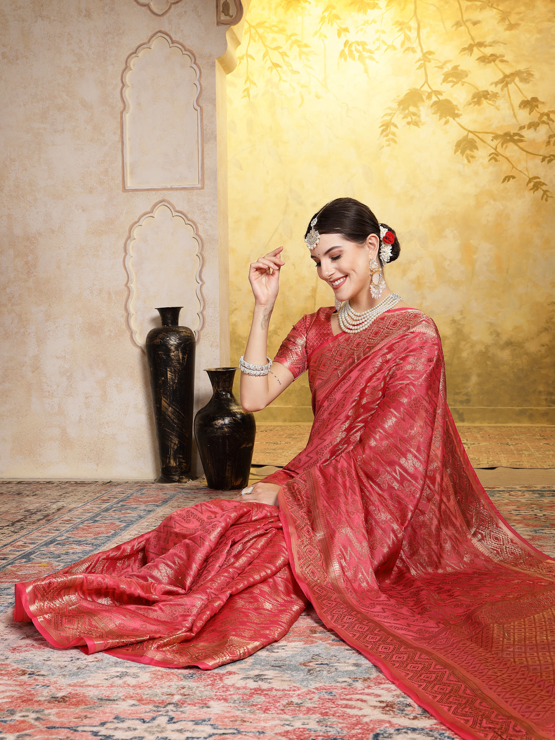 Pink Geometric Print Woven Zari Border Organza Saree (Pre-Order)