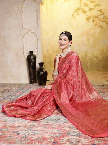 Pink Geometric Print Woven Zari Border Organza Saree (Pre-Order)