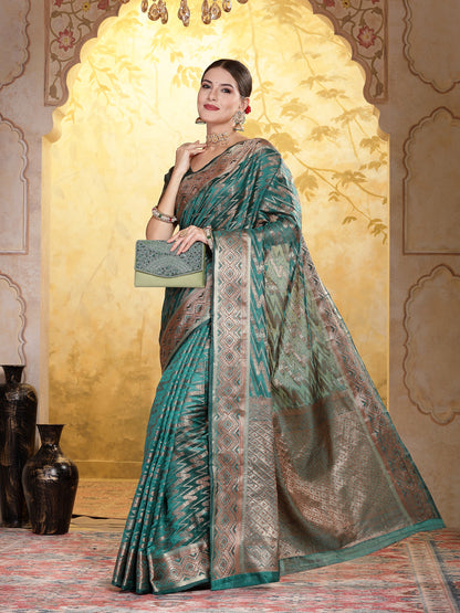 Sea Green Geometric Print Woven Zari Border Organza Saree