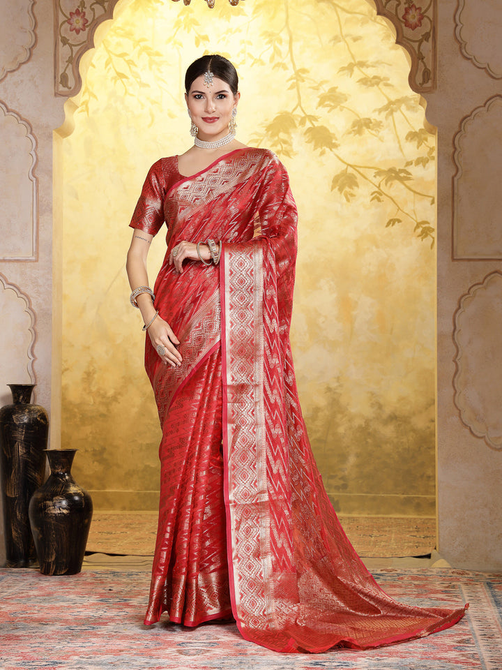 Maroon Geometric Print Woven Zari Border Organza Saree