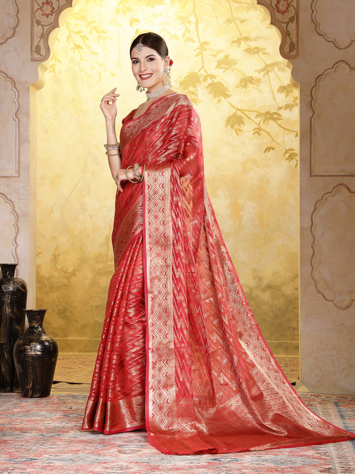Maroon Geometric Print Woven Zari Border Organza Saree