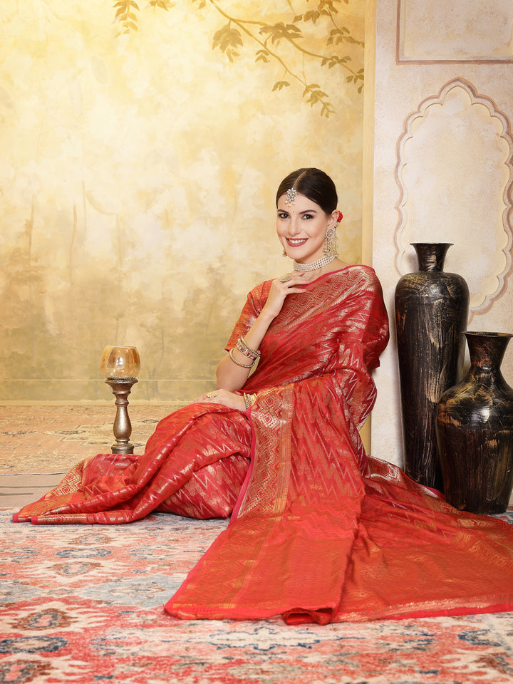 Maroon Geometric Print Woven Zari Border Organza Saree
