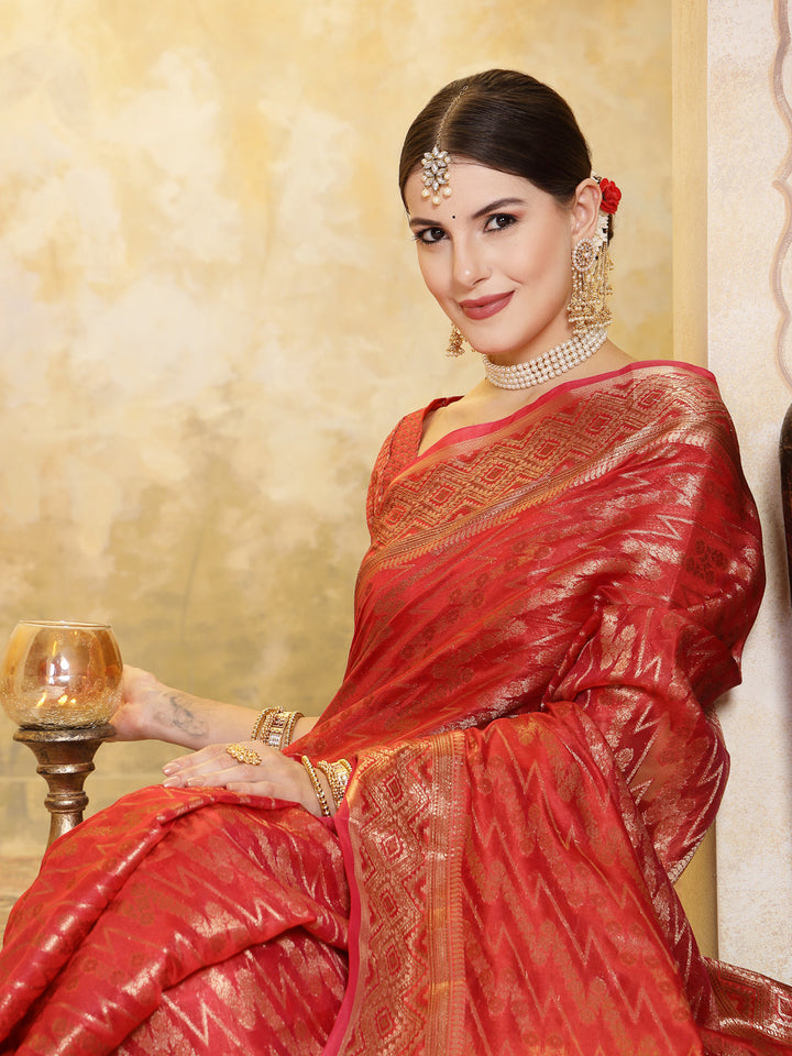 Maroon Geometric Print Woven Zari Border Organza Saree