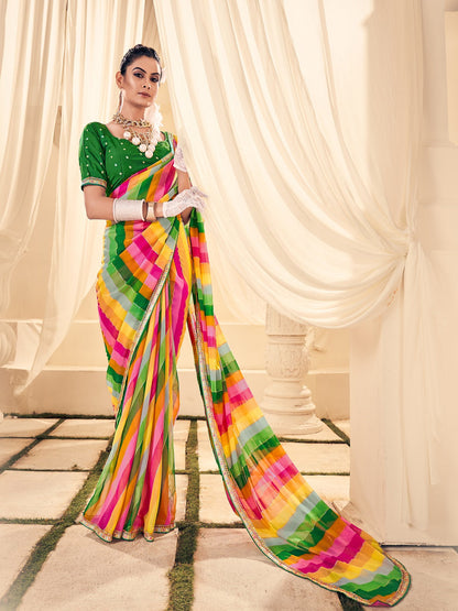 Green Leheriya Printed Embroidered Border Georgette Saree (Pre-Order)