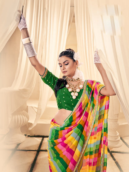 Green Leheriya Printed Embroidered Border Georgette Saree (Pre-Order)