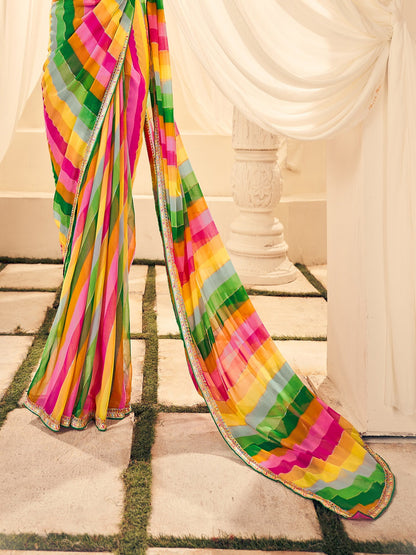 Green Leheriya Printed Embroidered Border Georgette Saree (Pre-Order)