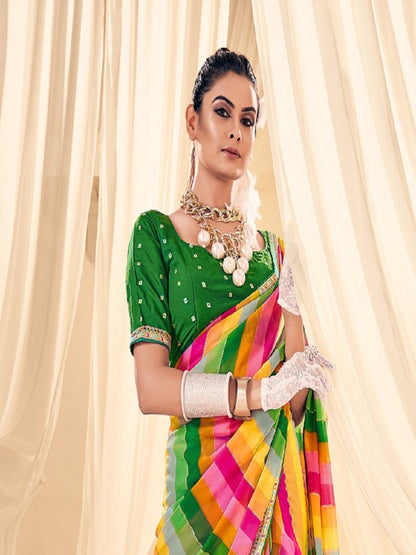 Green Leheriya Printed Embroidered Border Georgette Saree (Pre-Order)