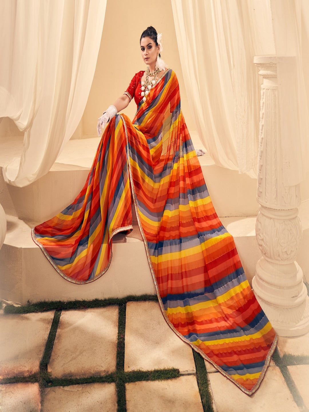 Red Leheriya Printed Embroidered Border Georgette Saree