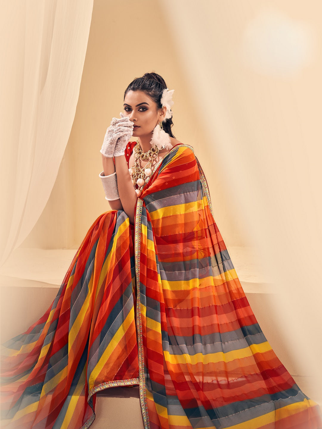 Red Leheriya Printed Embroidered Border Georgette Saree