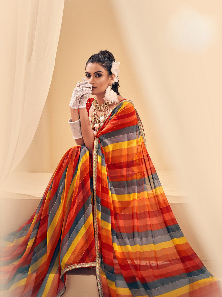 Red Leheriya Printed Embroidered Border Georgette Saree