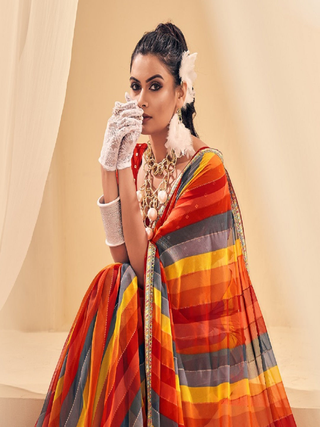Red Leheriya Printed Embroidered Border Georgette Saree