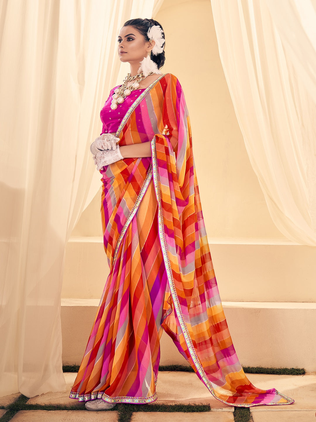 Pink Leheriya Printed Embroidered Border Georgette Saree (Pre-Order)