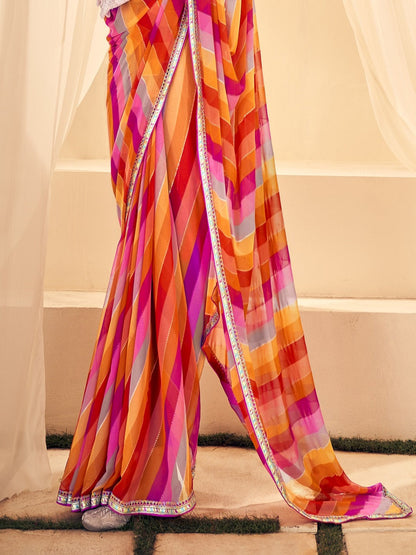 Pink Leheriya Printed Embroidered Border Georgette Saree (Pre-Order)