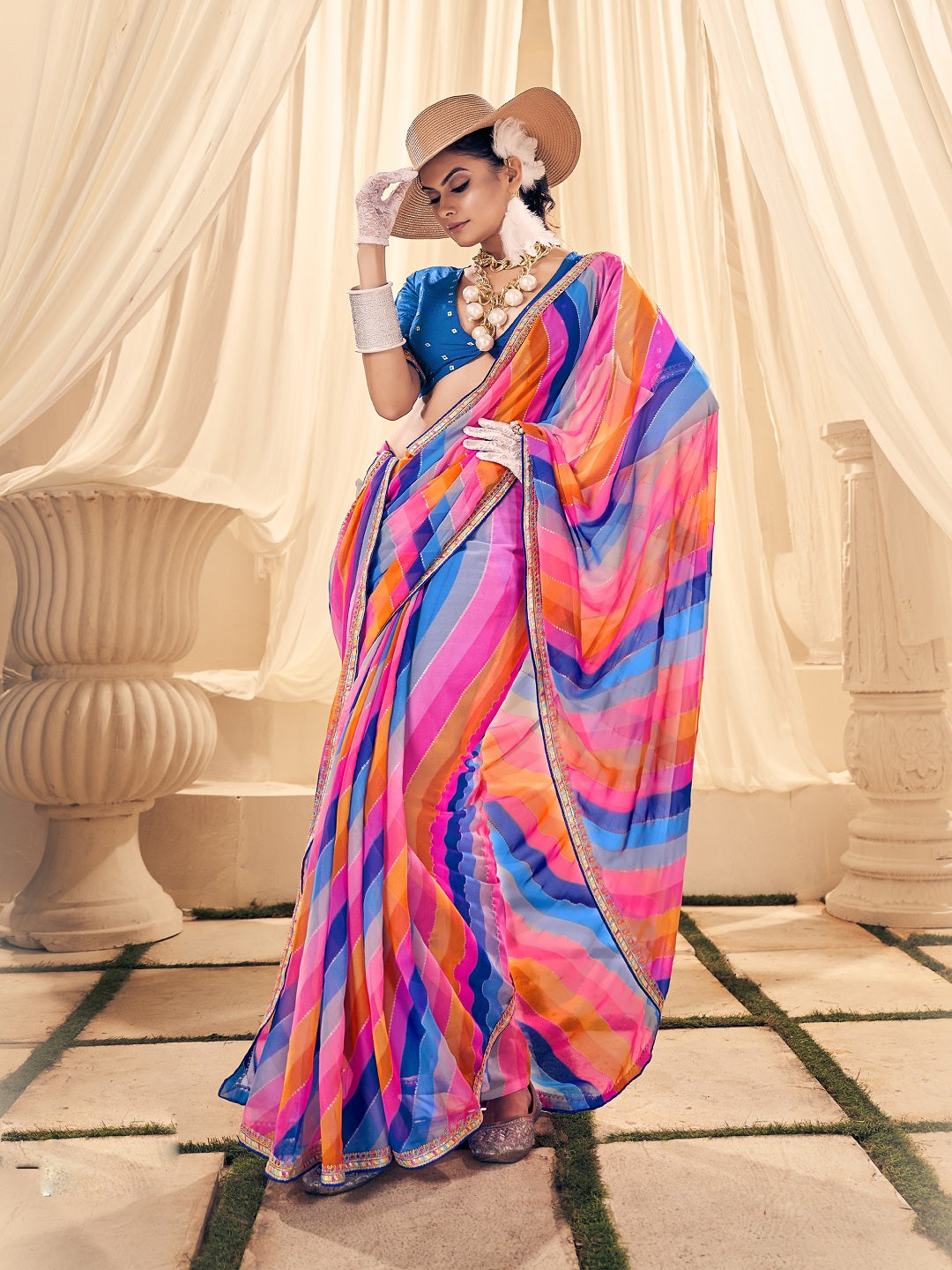 Blue Leheriya Printed Embroidered Border Georgette Saree (Pre-Order)