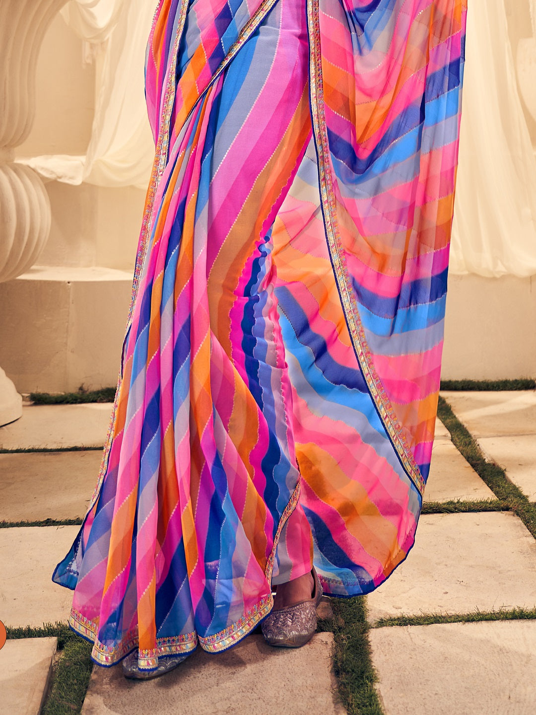 Blue Leheriya Printed Embroidered Border Georgette Saree (Pre-Order)