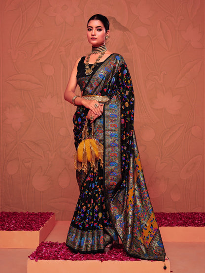 Black Kalamkari Printed Zari Border Silk Saree (Pre-Order)