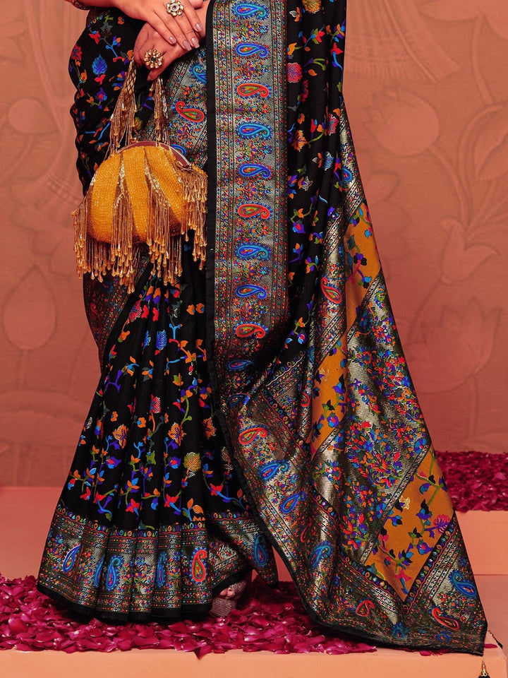 Black Kalamkari Printed Zari Border Silk Saree