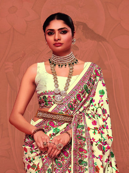 Cream Kalamkari Printed Zari Border Silk Saree