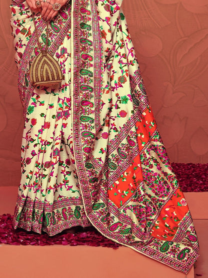 Cream Kalamkari Printed Zari Border Silk Saree