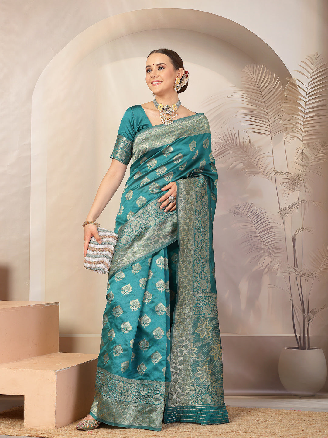 Rama Green Ethnic Motifs Banarsi Woven Zari Silk Saree (Pre-Order)