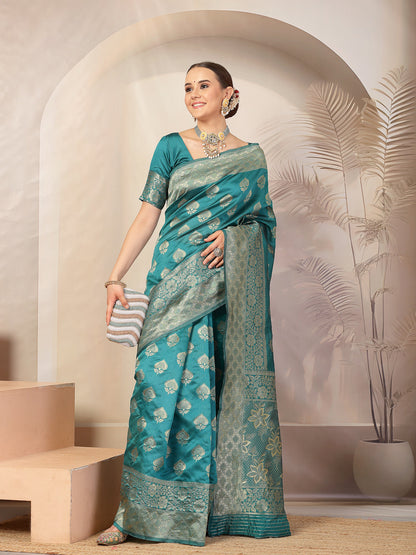 Rama Green Ethnic Motifs Banarsi Woven Zari Silk Saree