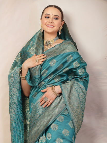 Rama Green Ethnic Motifs Banarsi Woven Zari Silk Saree (Pre-Order)