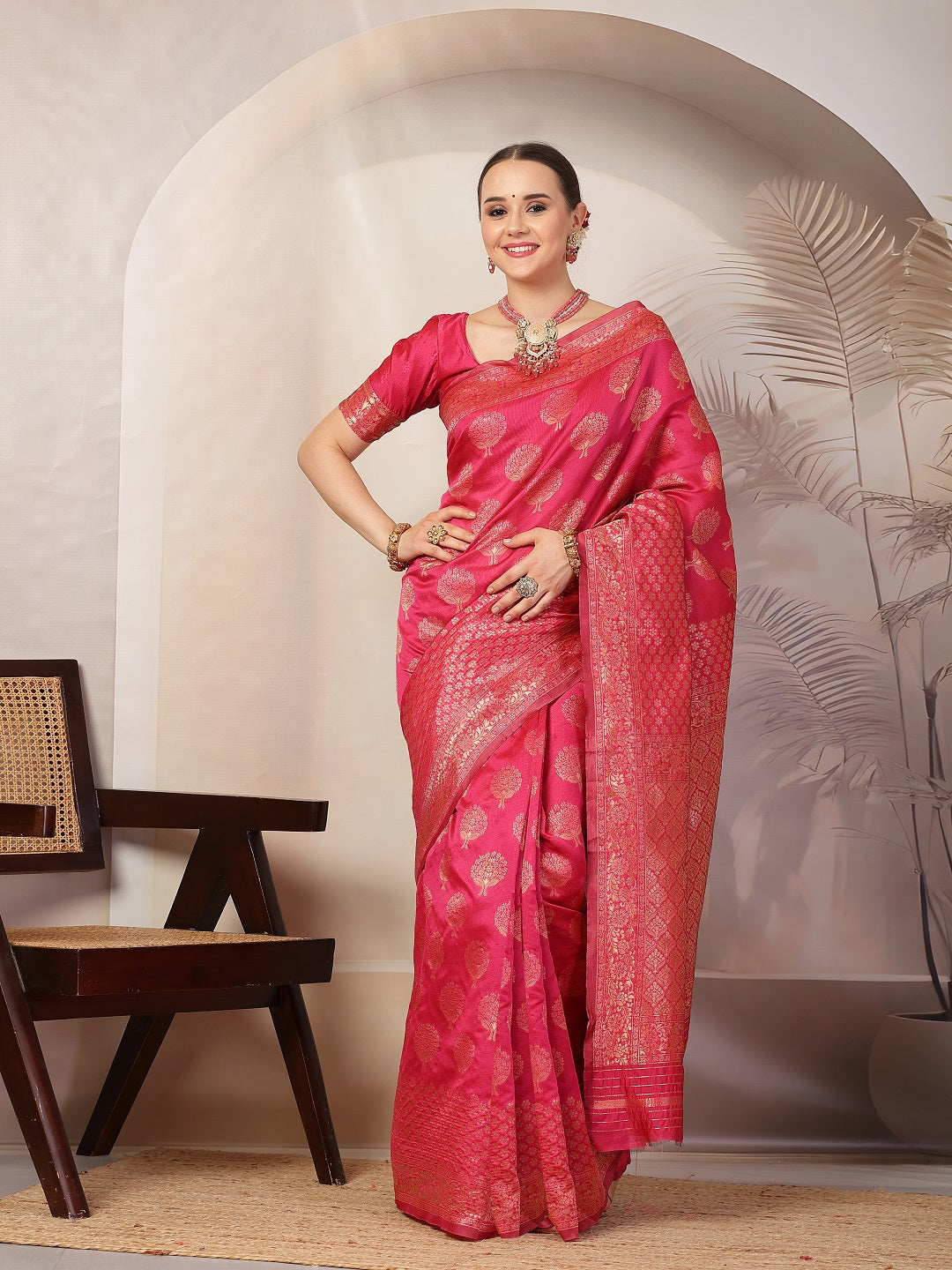Pink Ethnic Motifs Banarsi Woven Zari Silk Saree (Pre-Order)