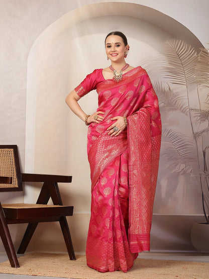 Pink Ethnic Motifs Banarsi Woven Zari Silk Saree (Pre-Order)