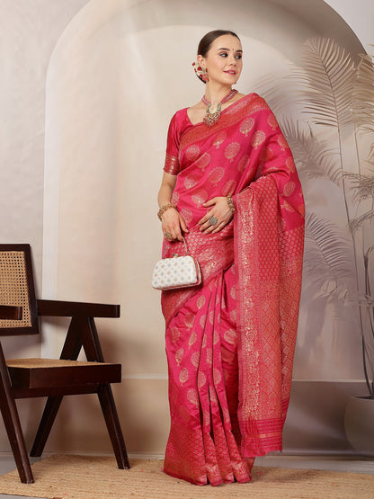 Pink Ethnic Motifs Banarsi Woven Zari Silk Saree (Pre-Order)