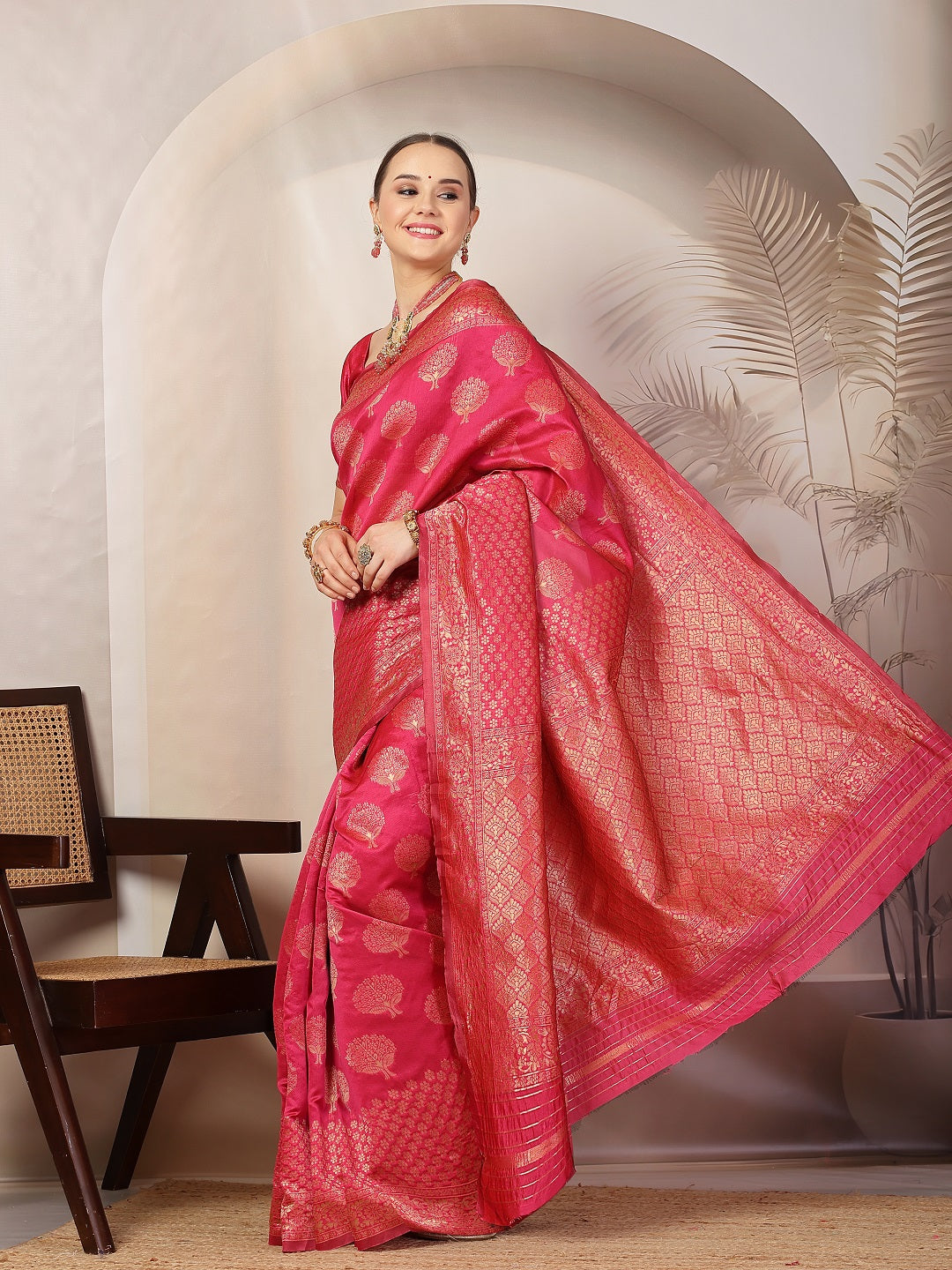 Pink Ethnic Motifs Banarsi Woven Zari Silk Saree (Pre-Order)