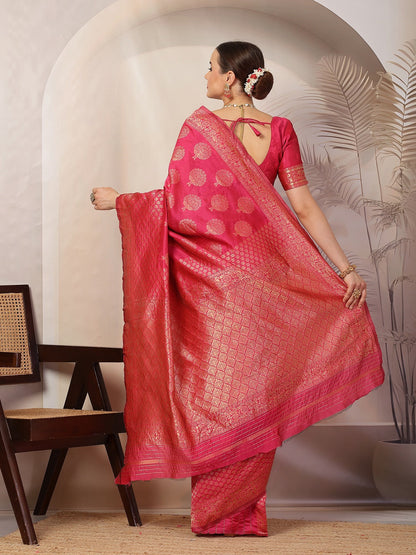 Pink Ethnic Motifs Banarsi Woven Zari Silk Saree (Pre-Order)