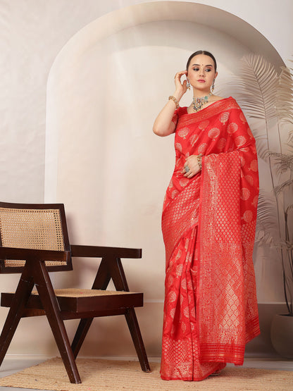 Red Ethnic Motifs Banarsi Woven Zari Silk Saree