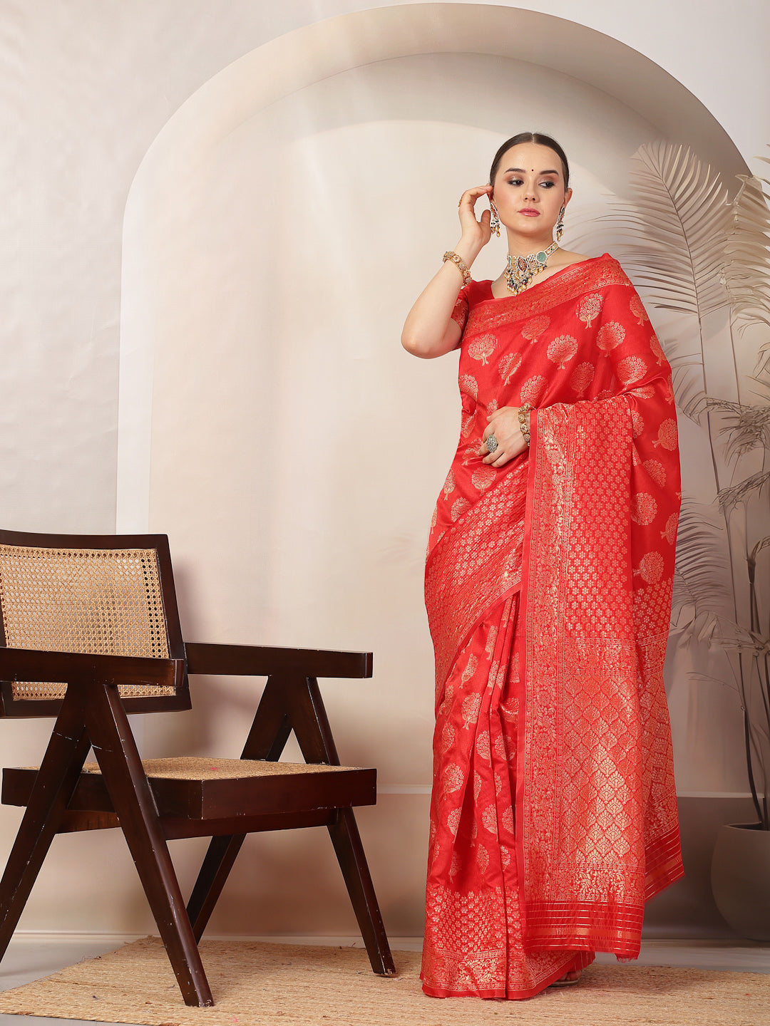 Red Ethnic Motifs Banarsi Woven Zari Silk Saree (Pre-Order)