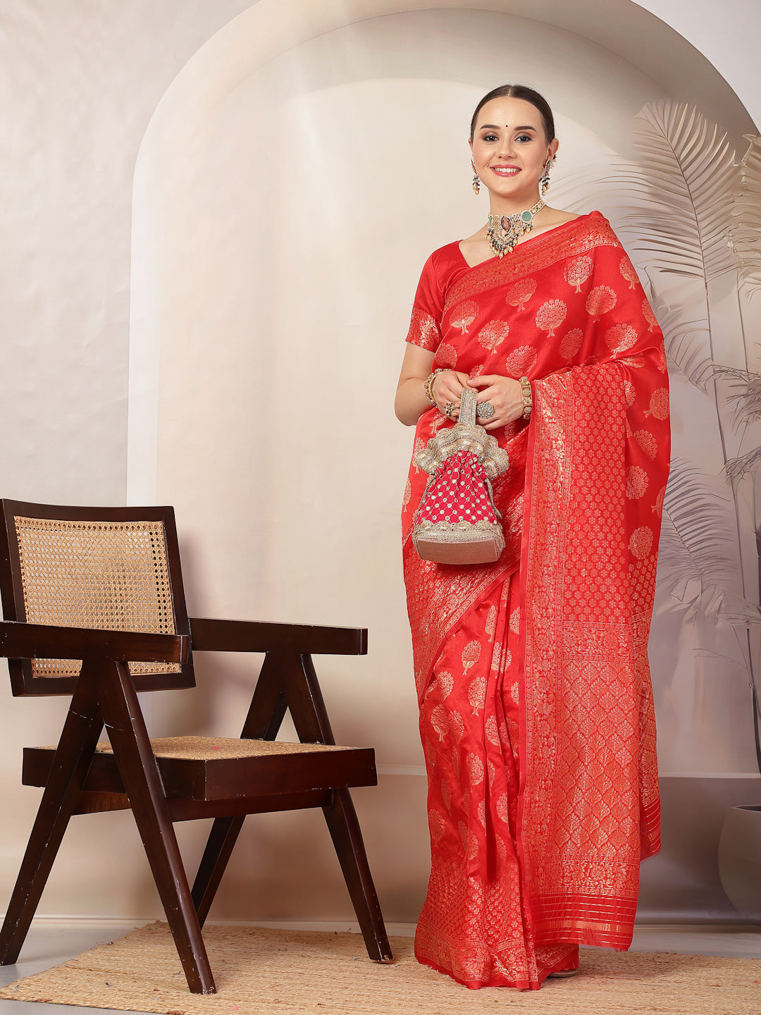 Red Ethnic Motifs Banarsi Woven Zari Silk Saree