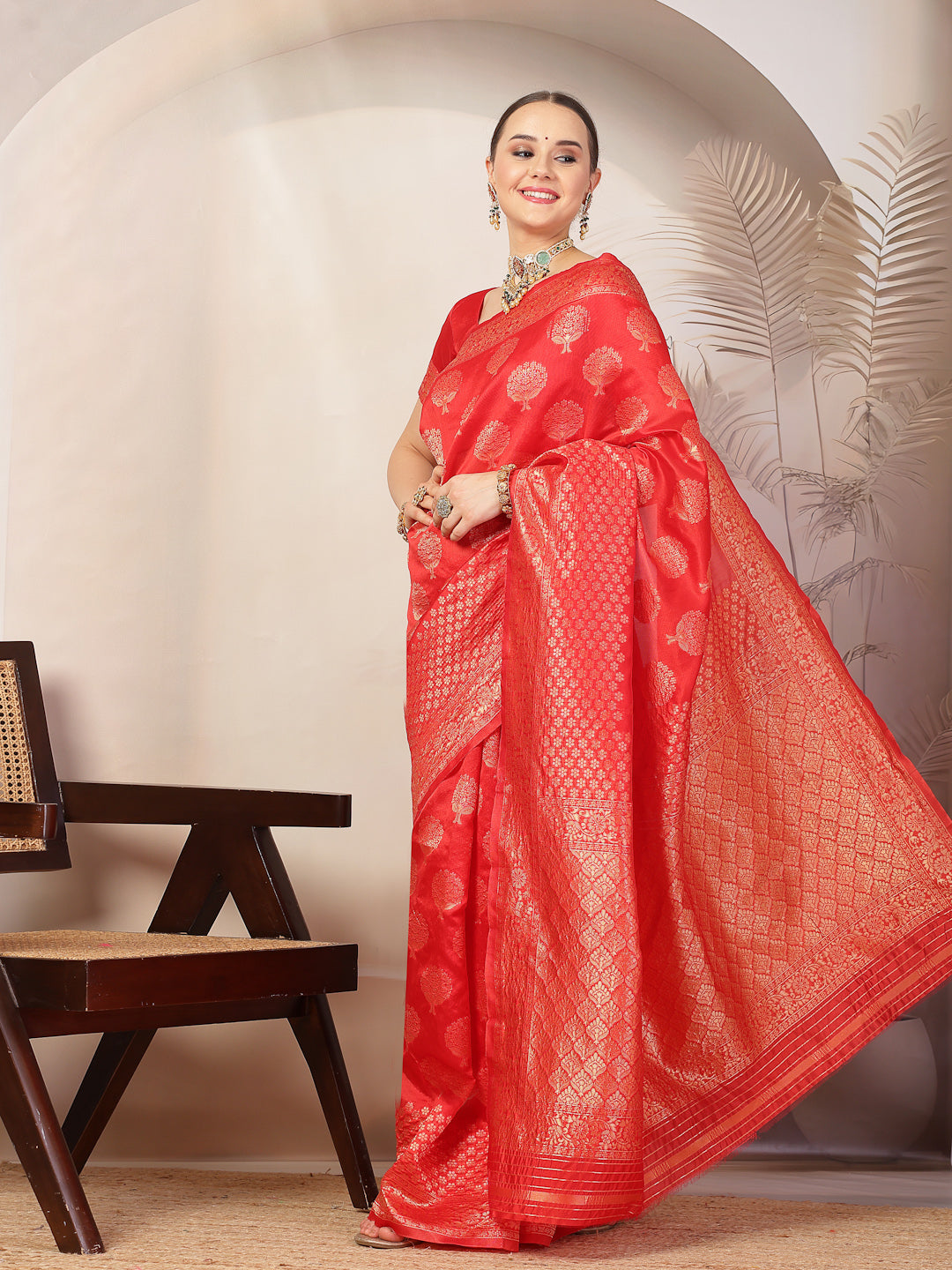 Red Ethnic Motifs Banarsi Woven Zari Silk Saree
