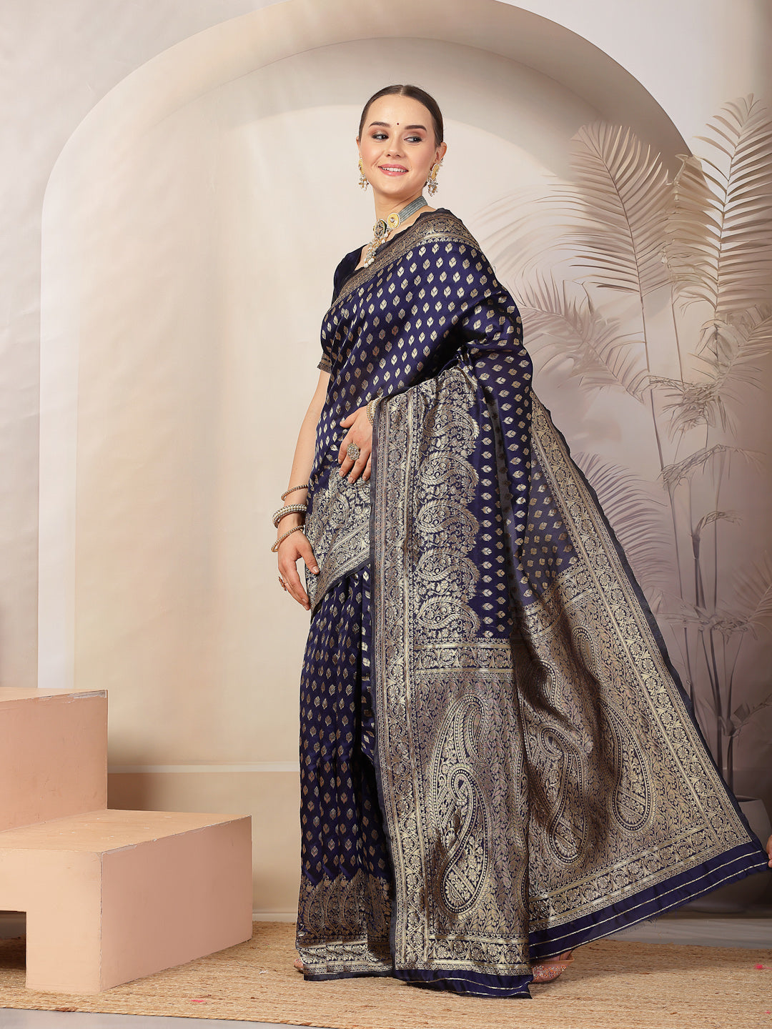 Blue Ethnic Motifs Banarsi Woven Zari Silk Saree (Pre-Order)