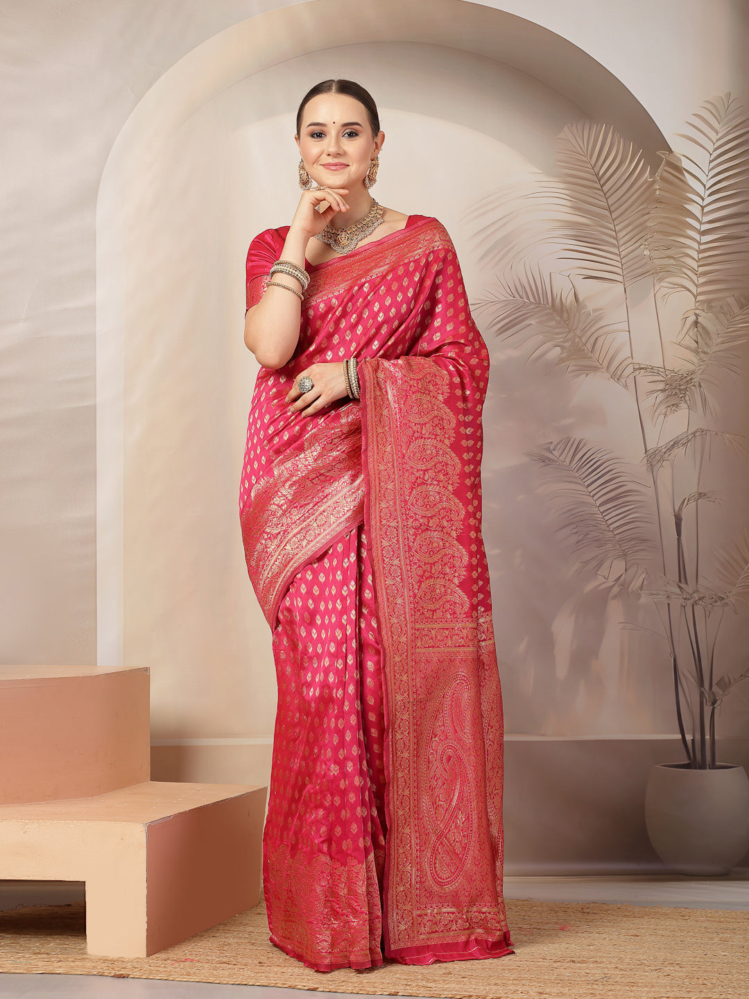 Pink Ethnic Motifs Banarsi Woven Zari Silk Saree (Pre-Order)