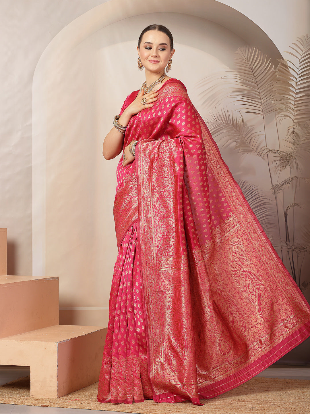 Pink Ethnic Motifs Banarsi Woven Zari Silk Saree (Pre-Order)
