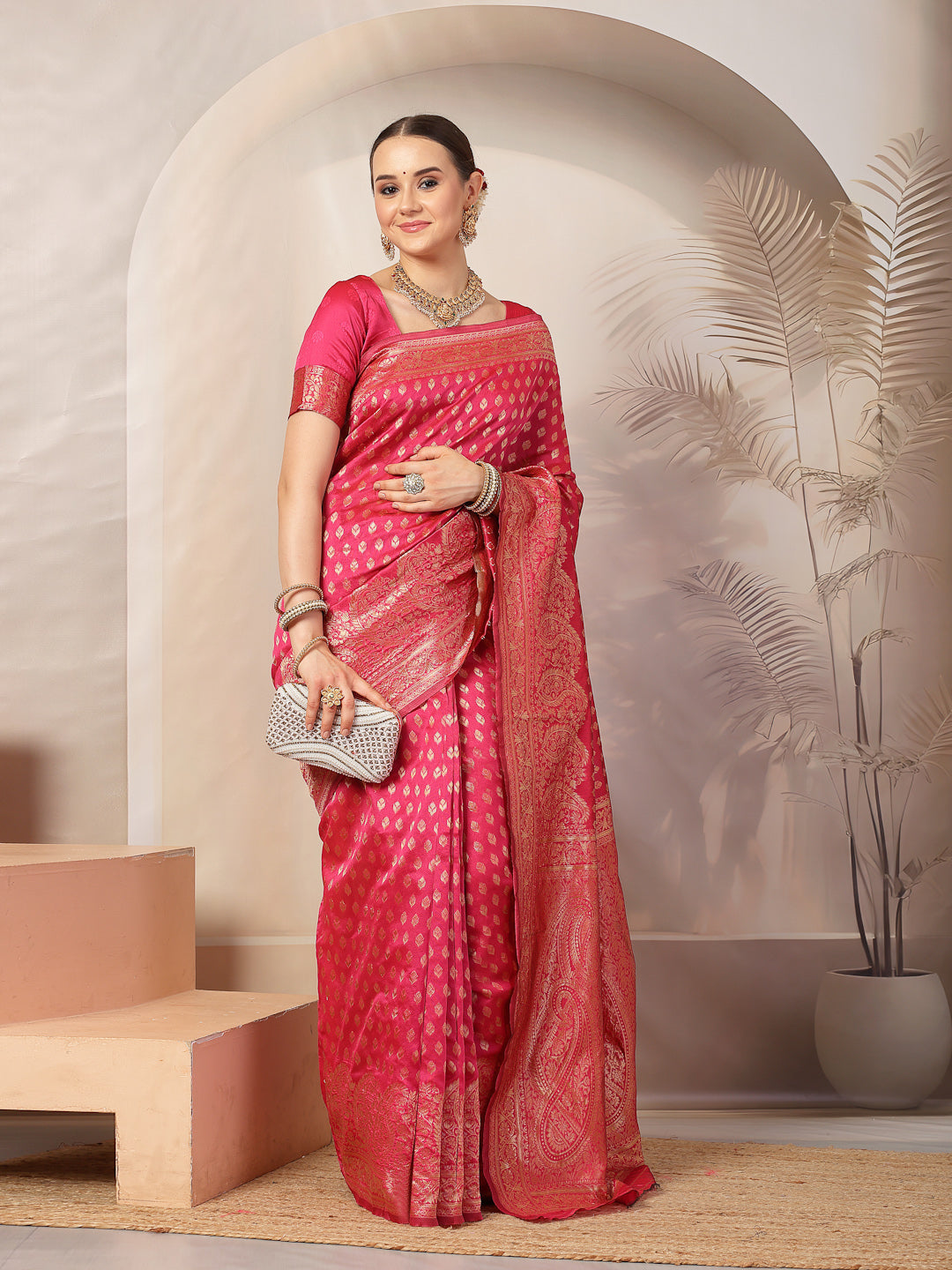 Pink Ethnic Motifs Banarsi Woven Zari Silk Saree (Pre-Order)