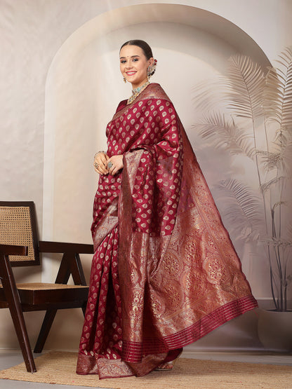 Wine Ethnic Motifs Banarsi Woven Zari Silk Saree (Pre-Order)