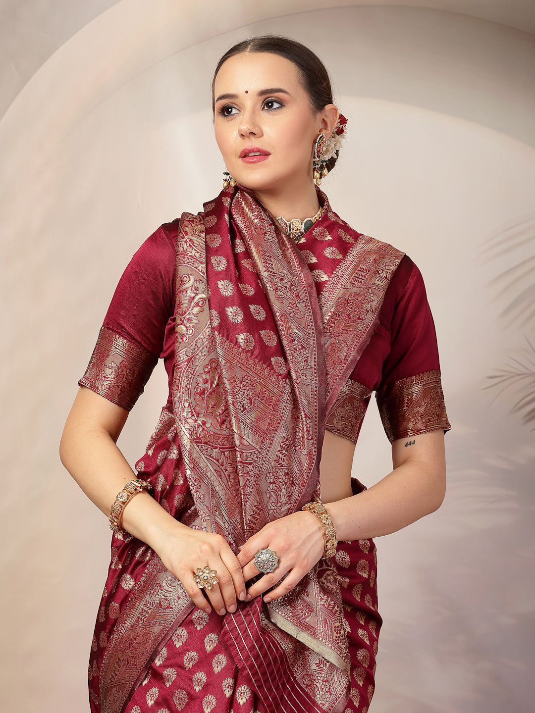 Wine Ethnic Motifs Banarsi Woven Zari Silk Saree (Pre-Order)