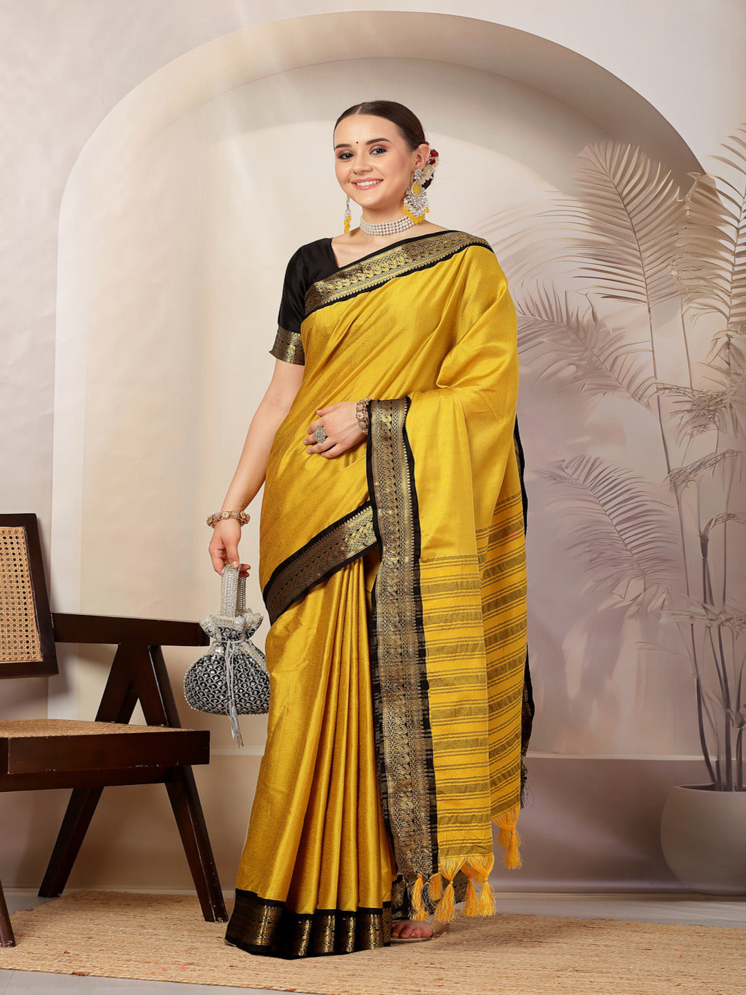 Mustard Solid Traditional Banarsi Zari Border Silk Saree (Pre-Order)