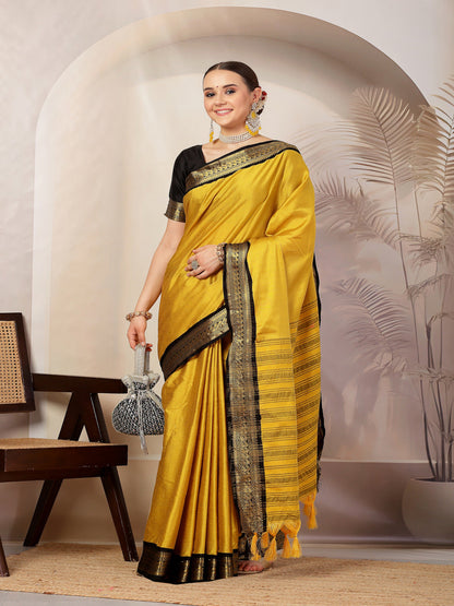 Mustard Solid Traditional Banarsi Zari Border Silk Saree (Pre-Order)