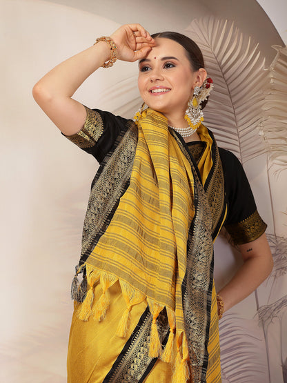 Mustard Solid Traditional Banarsi Zari Border Silk Saree (Pre-Order)