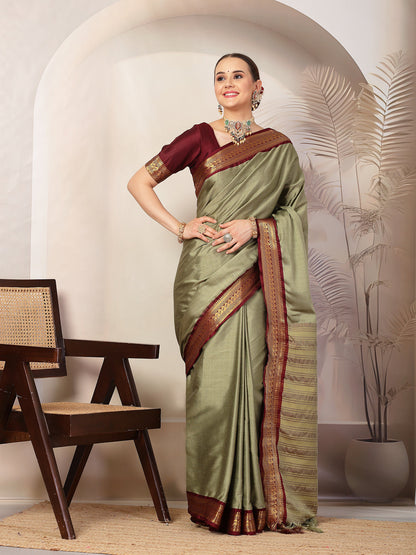Mehndi Solid Traditional Banarsi Zari Border Silk Saree (Pre-Order)