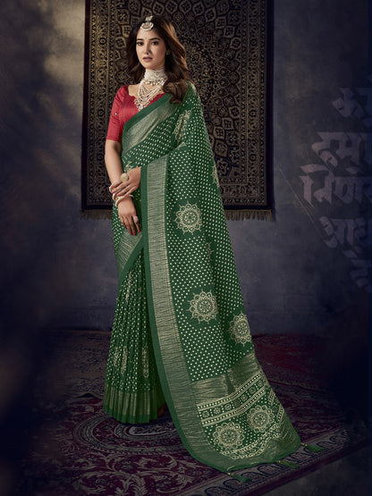 Green Bhandej Aari Work Crushed Silk Saree (Pre-Order)