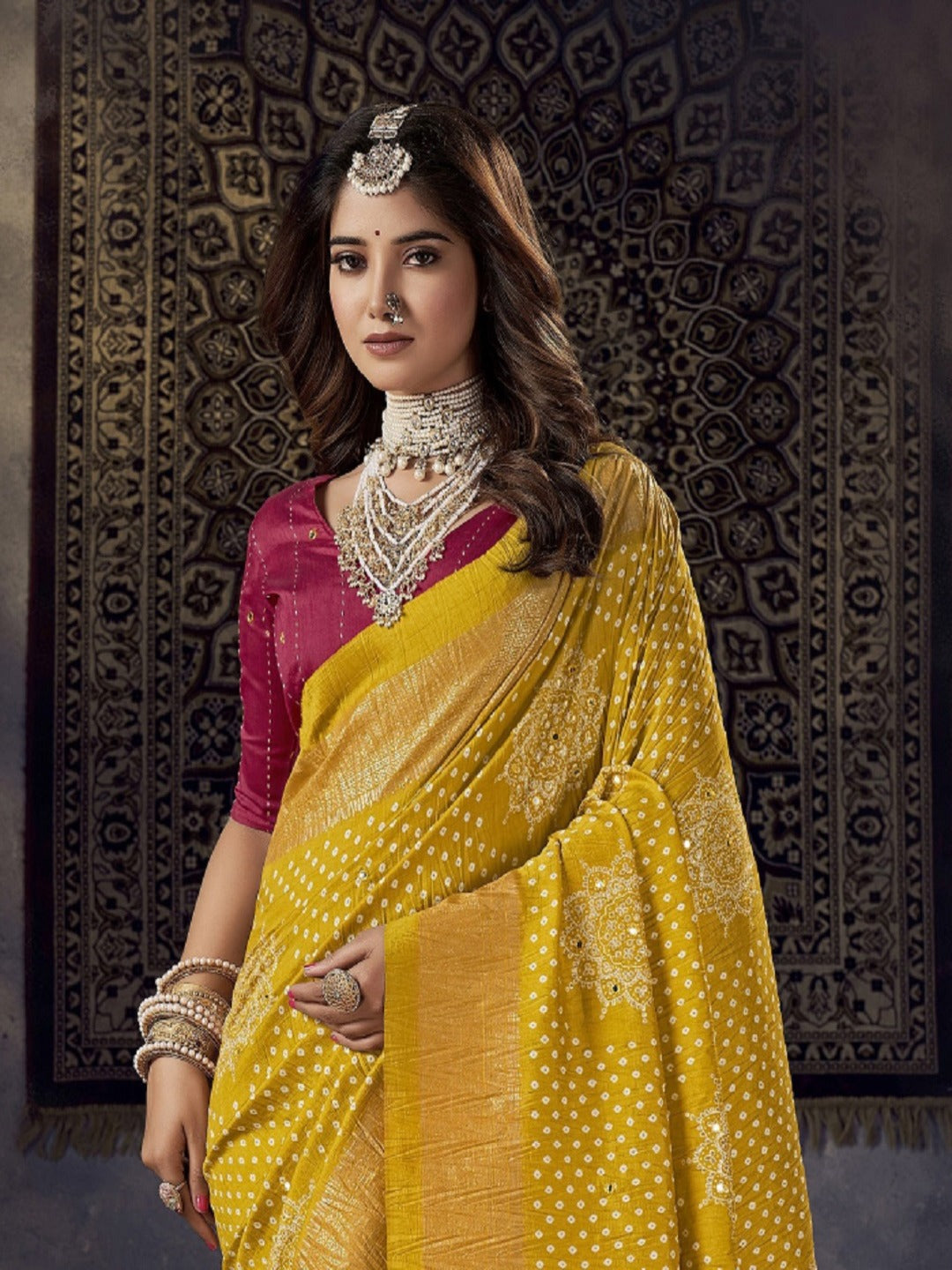 Mustard Bhandej Aari Work Crushed Silk Saree (Pre-Order)