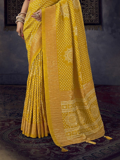 Mustard Bhandej Aari Work Crushed Silk Saree (Pre-Order)